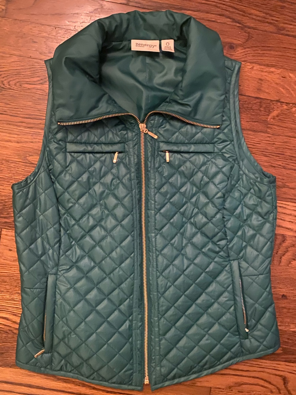 Chico's Kelly Green Quilted Vest with Gold Zipper Details
